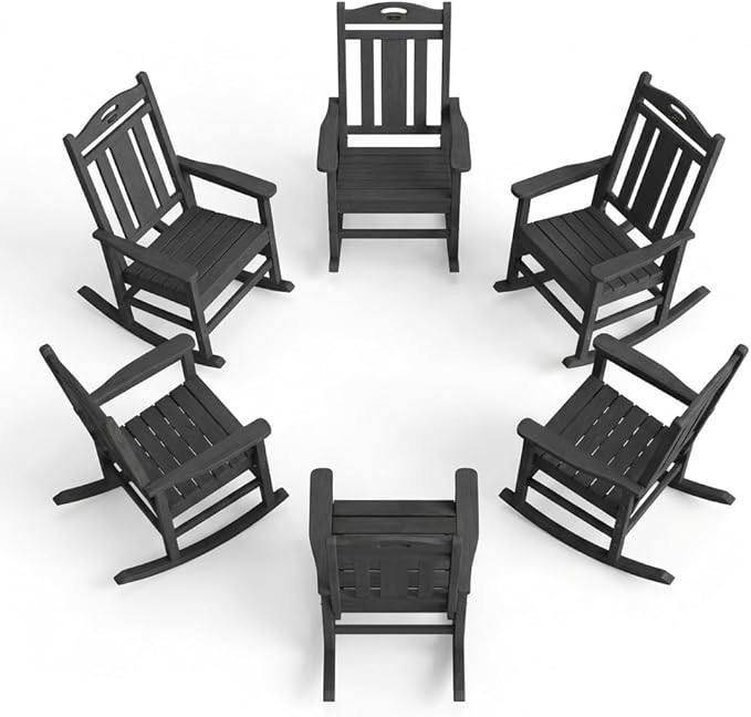 Ciokea Oversized Outdoor Rocking Chairs Set of 6, 380lbs Heavy-Duty Large Patio Rocker, High Back Cozy Porch Chairs, Weather Resistant Patio Rocking Chairs for Outside, Fire Pit, Deck, Dark Grey