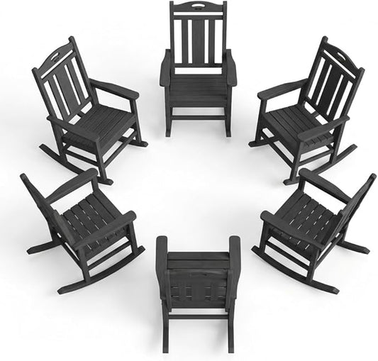 Ciokea Oversized Outdoor Rocking Chairs Set of 6, 380lbs Heavy-Duty Large Patio Rocker, High Back Cozy Porch Chairs, Weather Resistant Patio Rocking Chairs for Outside, Fire Pit, Deck, Dark Grey