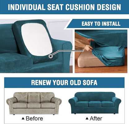 H.VERSAILTEX Rich Velvet Stretch 2 Piece Cover Chair Slipcover Sofa Cover Furniture Protector Couch Soft with Elastic Bottom Chair Couch Cover with Arms Width Up to 49 Inch(Chair, Deep Teal)
