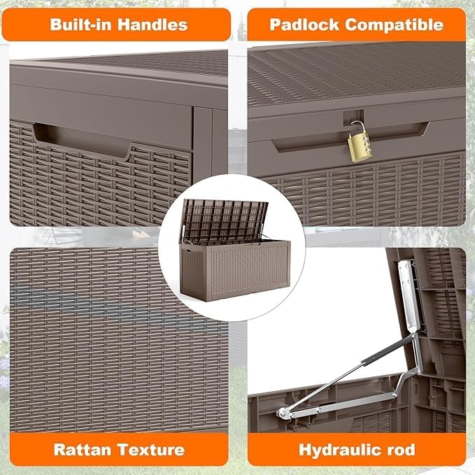 PatioZen 120 Gallon Deck Box,Resin Outdoor Storage Box with Lockable for Patio Furniture, Pool Accessories, Garden Tools Waterproof Outside Storage Box, Grey
