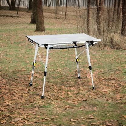 Portal Outdoor Folding Portable Picnic Camping Table with Adjustable Height Aluminum Roll Up Table Top Mesh Layer, Silver