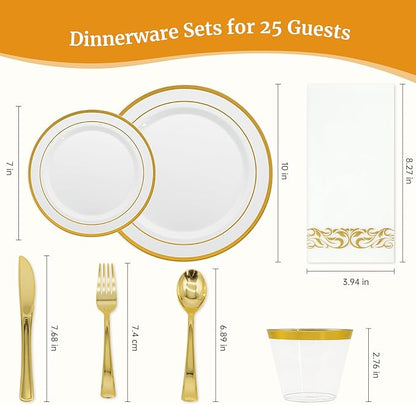 AIRE 175PCS Gold Plastic Plates for Party Supplies Dinnerware Sets for 25 Guests, Disposable Plastic Party Plates, Cups, Spoons, Forks, Knives, Napkins for Wedding Birthday Thanksgiving BBQ Parties