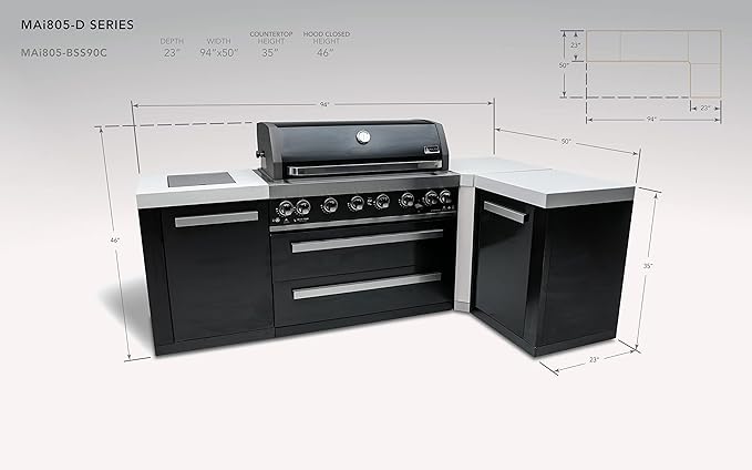 Mont Alpi Premium 94"W x 50"D Black Stainless Steel L-shaped Modular Outdoor Kitchen Island + Infrared Side & Rear Burner + 44"W 6-Burner BBQ Grill + Granite Countertops + Storage Cabinets & Drawers