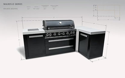 Mont Alpi Premium 94"W x 50"D Black Stainless Steel L-shaped Modular Outdoor Kitchen Island + Infrared Side & Rear Burner + 44"W 6-Burner BBQ Grill + Granite Countertops + Storage Cabinets & Drawers
