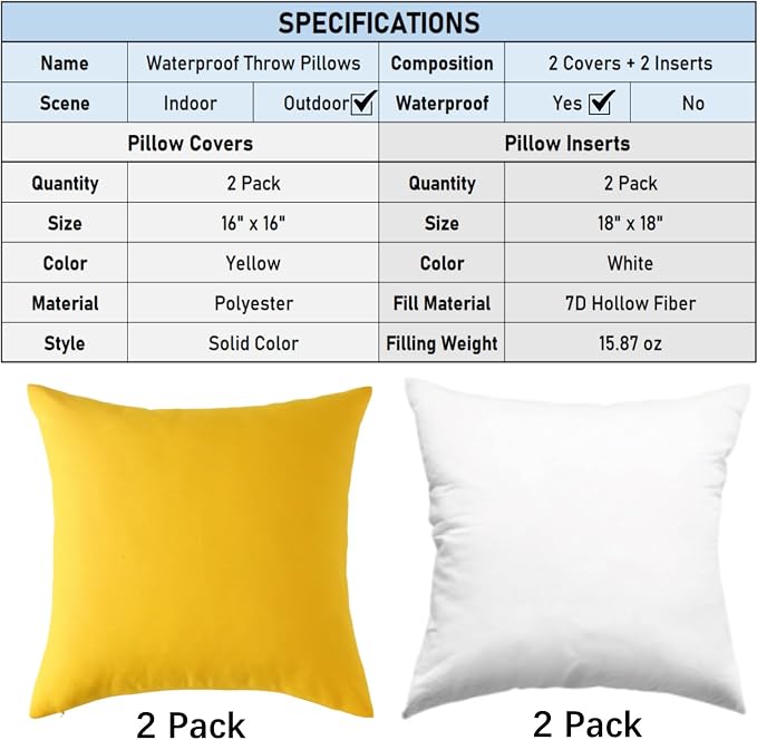 Outdoor Throw Pillows with Inserts, Waterproof Pillows for Outdoor Seating, Square Decorative Garden Cushion for Patio Furniture, Bed, Couch, Sofa(Yellow, 16" x 16" (Pack of 2))