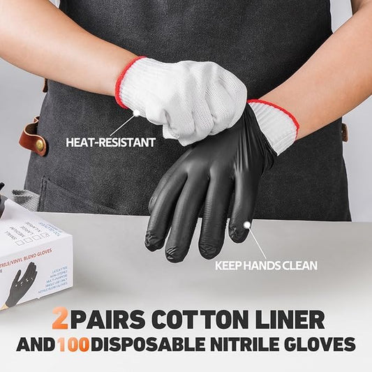 onlyfire 1472°F Heat Resistant BBQ Grill Gloves 4 Reusable Nylon Liners + 100 Disposable Nitrile Gloves Anti-Slip Oven Gloves for Hot Food, Handling Meat Shredding, Grill Cleaning