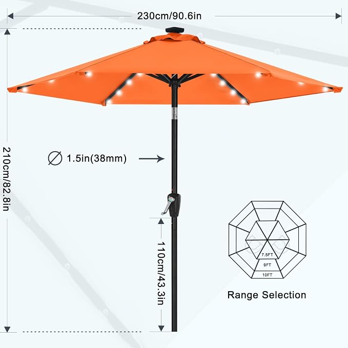 MASTERCANOPY 7.5ft Patio Umbrella with Solar Lights, Orange | 6 Ribs, 24 Solar LED Lights, Tilt & Crank, UV/Water-Resistant, Easy Setup – Ideal for Garden, Deck, Pool