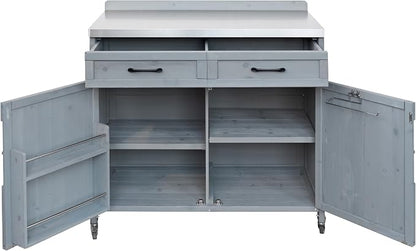 Merax Farmhouse 39.4" Grill Cart with Drawer, Storage Cabinet and Stainless Steel Top, Outdoor Grill Station w/Internal Racks & Lockable Wheels, Modular Kitchen Island for Food Prep & BBQ, Grey Blue