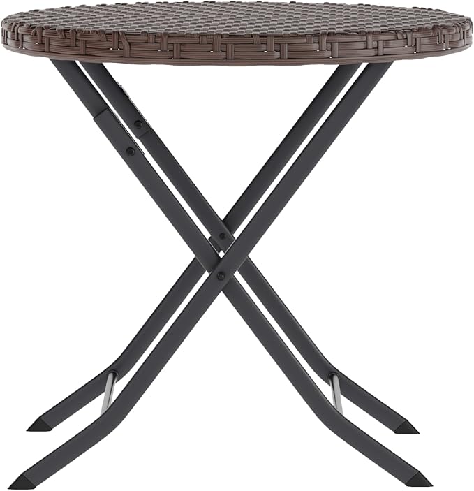 Flash Furniture Rouen Commercial Grade Folding Bistro Set, Indoor/Outdoor PE Rattan Table Top, Back and Seat, Black Steel Frames, 3 Piece Set, Brown/Black