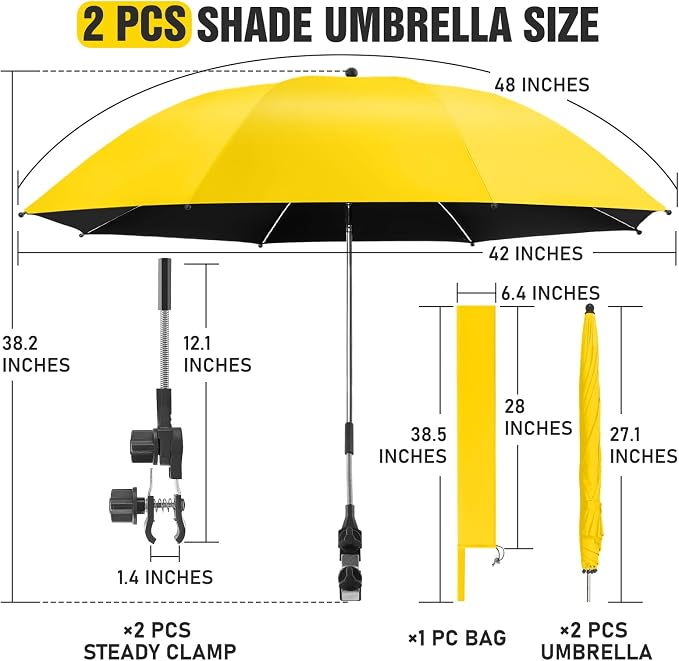 2 PACK Beach Umbrella with Clamp, 360 ° Adjustable Umbrellas for Chair, UPF50+ Umbrella for Beach Chair, Patio Chair, Wheelchair, Camping Chair, Golf Carts (Chair Not Included)