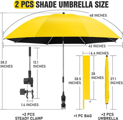2 PACK Beach Umbrella with Clamp, 360 ° Adjustable Umbrellas for Chair, UPF50+ Umbrella for Beach Chair, Patio Chair, Wheelchair, Camping Chair, Golf Carts (Chair Not Included)