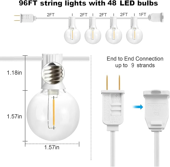 SUNTHIN White String Lights, 97FT White Outdoor Lights with 49 G40 Shatterproof LED Bulbs(1 Spare), Waterproof Conectable Hanging Outside Lights for Yard, Porch, Deck, Garden, Pergola