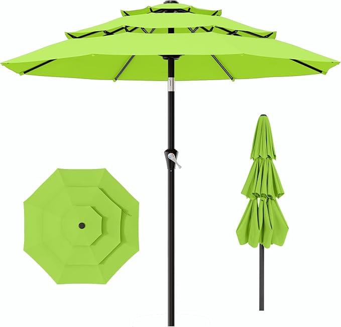 AreShark 9ft 3-Tier Patio Umbrellas, Outdoor Umbrella with 8 Sturdy Ribs UV Protection Windproof, Market Table Umbrella w/Push Button Tilt & Crank for Pool, Porch, Deck, Garden(Apple Green)