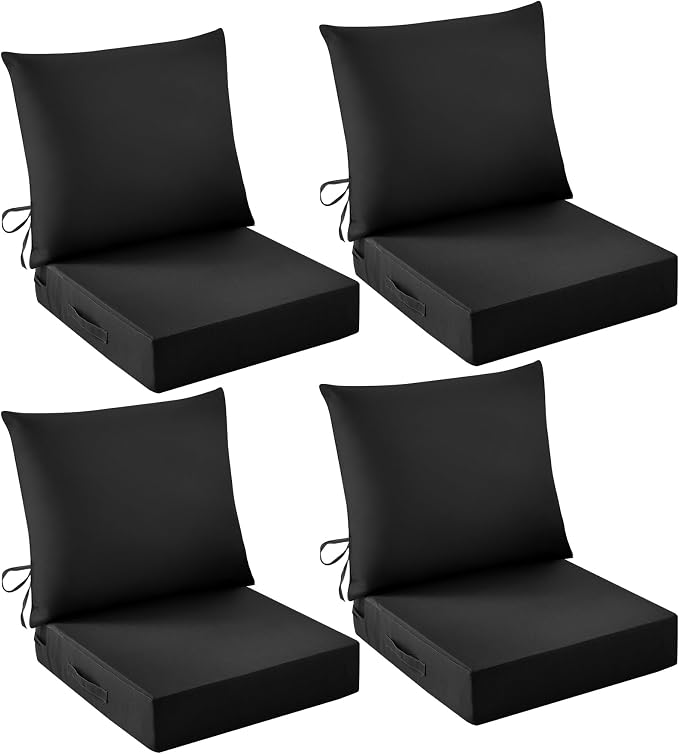 Outdoor Chair Cushions, 24 x 24 Inch Outdoor Cushion for Patio Furniture, Patio Chair Cushion, Waterproof & Fade Resistant Deep Patio Furniture Cushions Set with Handle and Ties, Black (Set of 4)