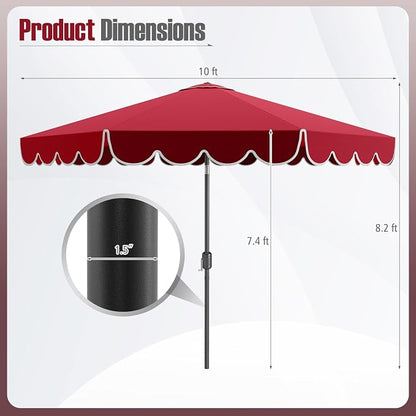 Tangkula 10 FT Patio Umbrella, 2-Tiers Scalloped Outdoor Table Market Umbrella with Tilt Adjustment, Crank, 8 Sturdy Ribs for Pool, Deck, Backyard (Red)