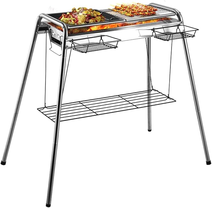 Barbecue Grill Charcoal,Outdoor Portable Stainless Steel Charcoal Grill, Home Barbecue Cooking Tools, with Hanging Basket, Storage Rack (Color : Silver, Size : 67 * 30 * 81cm)