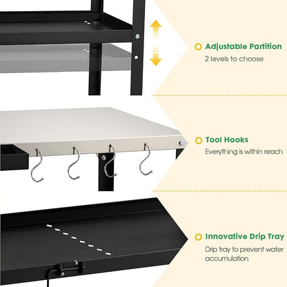 Outdoor Grill Cart Table,Indoor and Outdoor Pizza Oven Table,with 4 Movable Total Lock Casters, Hooks, Side Handle Multifunctional (Black) (Stainless Steel)