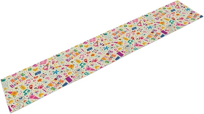 Birthday Table Runner, Dotted Spirals Stars Hearts Musical Notes Surprise Present Boxes Pattern Smil Decor Dining Room Kitchen Runner Fabric Linens 13x90in