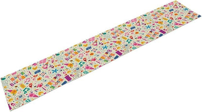 Birthday Table Runner, Dotted Spirals Stars Hearts Musical Notes Surprise Present Boxes Pattern Smil Decor Dining Room Kitchen Runner Fabric Linens 13x108in