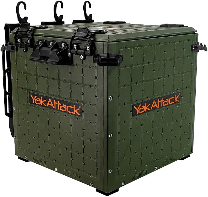 YakAttack BlackPak Pro Kayak Fishing Crate - Ranger Green | 13" x 13" Riggable Kayak Gear Storage System with Hinged Lid, GridLoc Mount Panels & 3 TetherTube Rod Holders | Lightweight Tankwell Crate