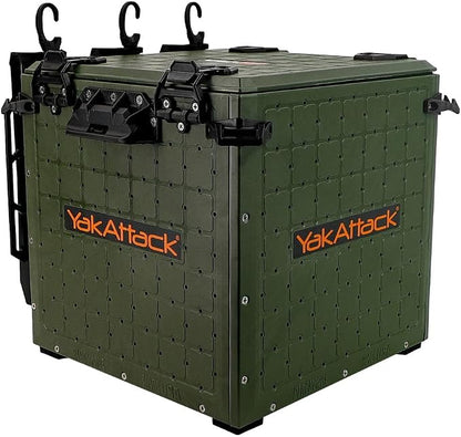 YakAttack BlackPak Pro Kayak Fishing Crate - Ranger Green | 13" x 13" Riggable Kayak Gear Storage System with Hinged Lid, GridLoc Mount Panels & 3 TetherTube Rod Holders | Lightweight Tankwell Crate