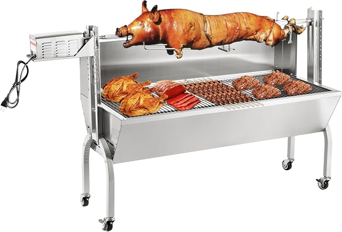 Kendane Rotisserie Grill Charcoal Spit Roaster, Stainless Steel 46" Pig Lamb Hooded Roaster Charcoal Spit with 30W Motor & Adjustable Height Lockable Casters for Party Barbecue, Rated 150 LB