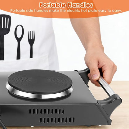 Double Burner Electric Hot Plate, 2000W 2 Burner Electric Cooktop, Portable Countertop Stove with 5-Level Temperature Control and Stay-Cool Handles, for RV, Home, and Camping
