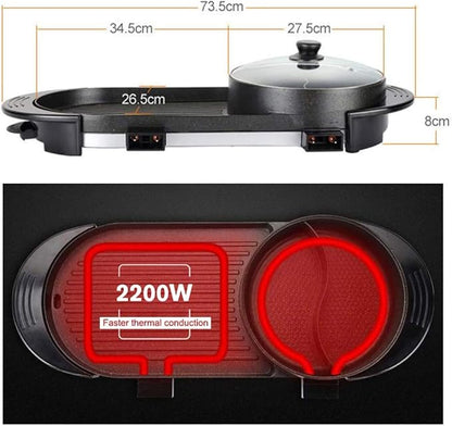 SEAAN Hot Pot with Grill, Korean BBQ Grill Indoor Hotpot Pot Electric Combo, Shabu Shabu Pot with Divider KBBQ Grill Smokeless Non-stick Separate Dual Temperature Control, for 2-12 People, 110V