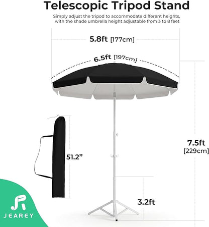JEAREY 6.5ft Sun Shade Umbrellas, Portable Umbrella with Stand, Lightweight Sun Protection Free Standing Sport Umbrella for Outdoor Sports, Camping, Fishing, Patio, Beach, Black