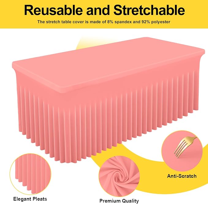 Smiry Spandex Elastic Fitted Table Cloth Skirt for 6FT Rectangle Table | Stretch Washable Table Cloth, Banquet Table Cover for Wedding, Party, Indoor & Trade Shows, (Coral Red, 72Lx30Wx30H)
