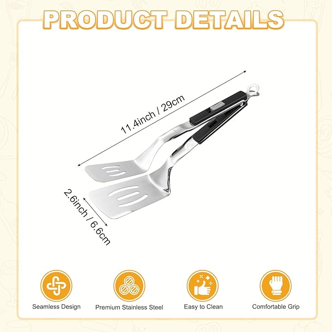 M METERXITY Spatula Tongs, 11.4 Inch 304 Stainless Steel Anti-Scald Multifunctional Flipper Grill Clamp for Cooking/Barbecue, Kitchen Cooking Tongs [Black Handle, Silver Tone]