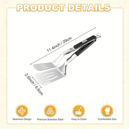 M METERXITY Spatula Tongs, 11.4 Inch 304 Stainless Steel Anti-Scald Multifunctional Flipper Grill Clamp for Cooking/Barbecue, Kitchen Cooking Tongs [Black Handle, Silver Tone]