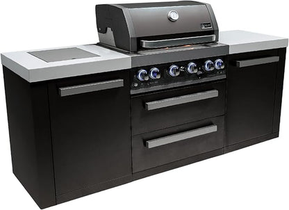 Mont Alpi 82"W x 23"D x 46"H Black Stainless Steel Premium Modular Outdoor Kitchen Island with Side Burner + 32"W 4-Burner BBQ Grill + White Granite Countertops + Storage Cabinets + Drawers + Cover