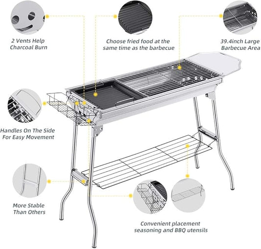 Portable Charcoal Grill,Outdoor BBQ Grill for Christmas Picnic, Thanksgiving Family Gathering and Backyard Barbecue,With Storage Bag & Non-Stick Frying Pan