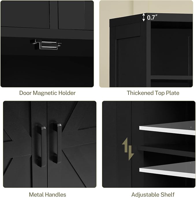 Storage Cabinet with Doors & 2 Drawers, Kitchen Cabinet with Adjustable Shelf, Pantry Cabinets, Bathroom Cabinets, for Living Room, Entryway, Home Office, Black