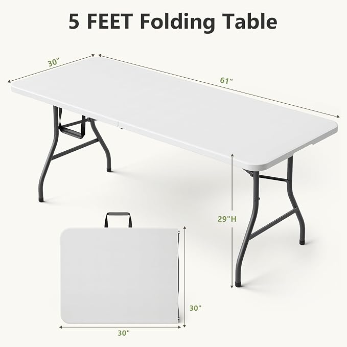 Folding Dining Table Set for 4, 5FT Foldable Plastic Table with Carrying Handle & 4 PU Leather Padded Folding Chairs, Portable Table and Chairs Set for Indoor Outdoor, Party, Wedding, Picnic, Camping
