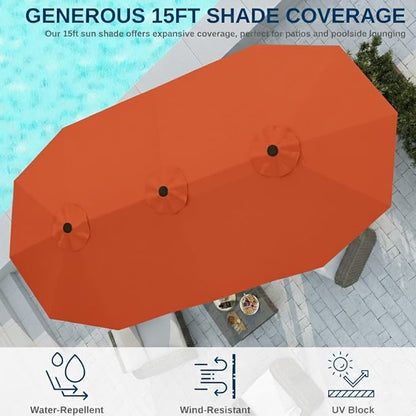 15FT Large Patio Umbrella with Base, Double Sided Rectangular Outdoor Umbrella with Sturdy Fiberglass Ribs, UPF 50+ Sun Protection, Wind-Resistant, Waterproof Fade-Resistant Fabric for Pool, Garden, Backyard, Deck(Orange)