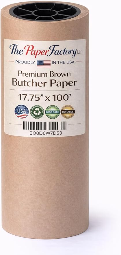 Premium Brown Butcher Paper Roll 17.75” x 100’ Food-Grade Kraft Paper for BBQ Smoking, Meat Wrapping, Crafts, and Food Service. PROUDLY MADE IN THE USA BY THE PAPER FACTORY