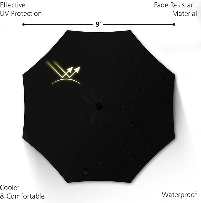 9ft Patio Umbrella with Solar Lights, Outdoor Umbrella with 24 LED Solar Umbrella Lights, Solar Patio Umbrella with Push Botton Tilt & Crank Ideal for Garden, Backyard & Pool, Black