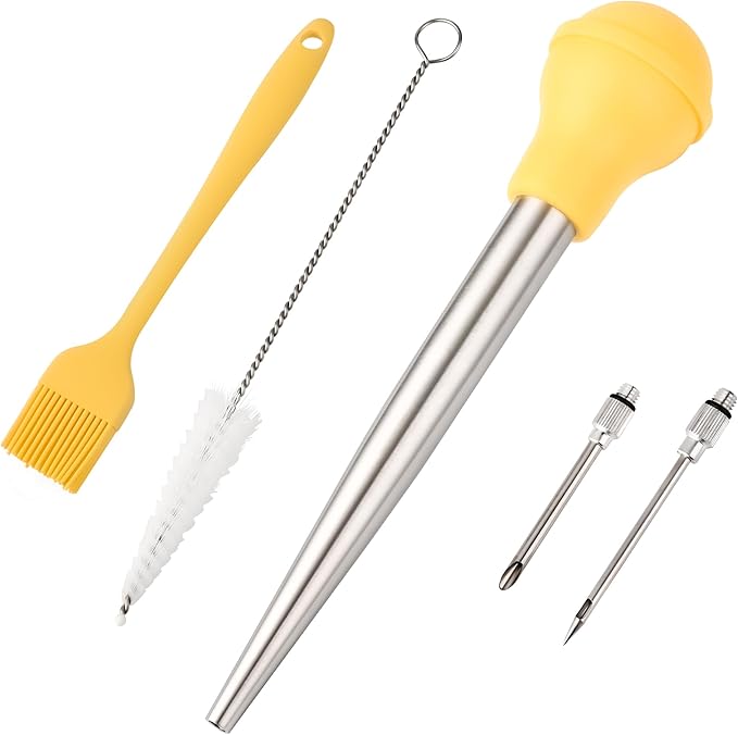 Turkey Baster, Stainless Steel Turkey Baster Silicone Bulb with 2 Marinade Injector Needles and 2 Brush for Cooking Easy Clean and Dishwasher Safe Color Yellow