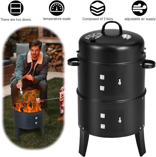 Vertical Charcoal Smoker with Built-in Thermometer Air Vent Round BBQ Grill 2 Access Doors for Outdoor Cooking Camping