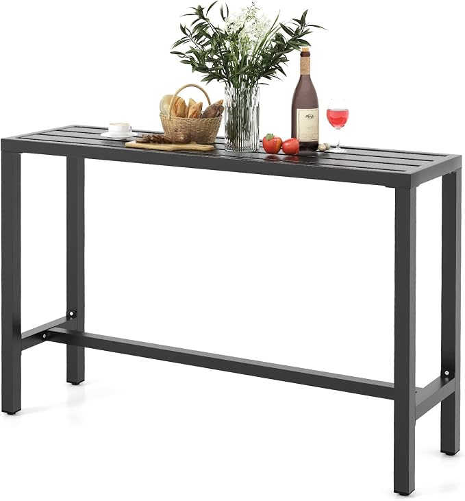 COSTWAY Outdoor Bar Table 55-inch Wide, Narrow Counter Height Dining Table with Waterproof Top and Heavy-Duty Metal Frame, Rectangular Pub Table for Garden Patio Backyard Poolside, Black | with Waterproof Top and Heavy-Duty Metal Frame, Rectangular Pub...