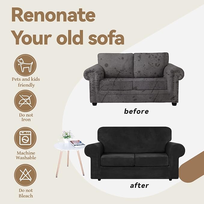 WEERRW Velvet Stretch 3 Pieces Couch Cover for Sofa Washable, Black | Love Seat Couch Covers for 2 Cushion Couch Sofa Furniture Protector slipcoves with Elastic Bottom for Kids, Medium