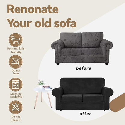 WEERRW Velvet Stretch 3 Pieces Couch Cover for Sofa Washable, Black | Love Seat Couch Covers for 2 Cushion Couch Sofa Furniture Protector slipcoves with Elastic Bottom for Kids, Medium
