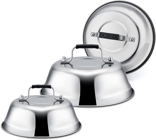 Cheese Melting Dome Set of 3, Leonyo 9"-6.5" Stainless Steel Steam Basting Cover for Griddle Grill, Heavy Duty Metal Griddle Accessories for BBQ Flat Top Kitchen Cooking Burger, Heat Resistant Grip