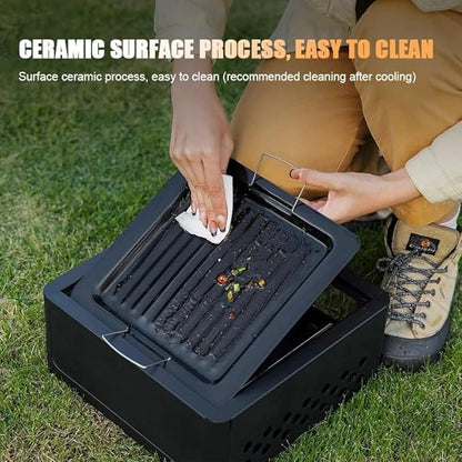 Portable Charcoal BBQ Grill Stove – Smokeless Outdoor Cooking for Camping & Tailgating, Yakitori Grill, Skewers, Easy Drawer Style, Pan and Grill Included