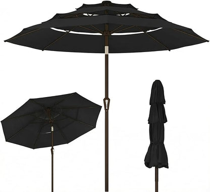 Kingdura 9ft 3-Tier Patio Umbrella, Outdoor Table Umbrella with Easy Crank & Tilt, 8 Reinforced Ribs, UV Protection for Deck, Pool, Market, Backyard (Black)