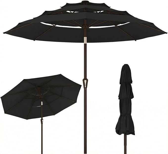 Kingdura 10ft 3-Tier Patio Umbrella, Outdoor Table Umbrella with Easy Crank & Tilt, 8 Reinforced Ribs, UV Protection for Deck, Pool, Market, Backyard (Black)