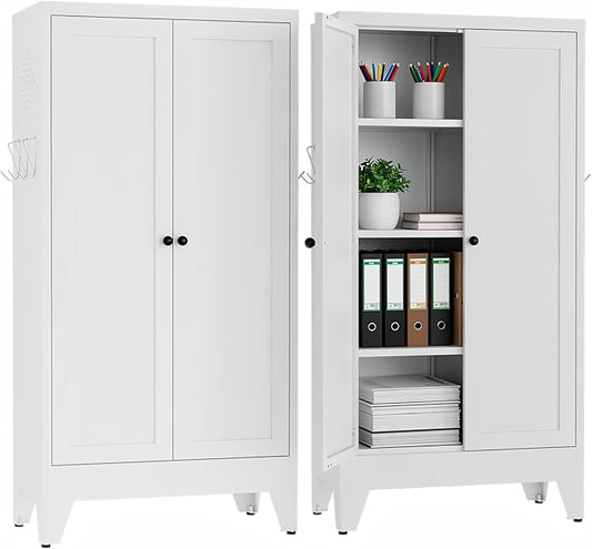 Metal Pantry Cabinet, Kitchen Pantry Storage Cabinets with 2 Doors and 3 Adjustable Shelves, White Kitchen Pantry Cabinet for Dining Room, Living Room, Assemble Required (White)