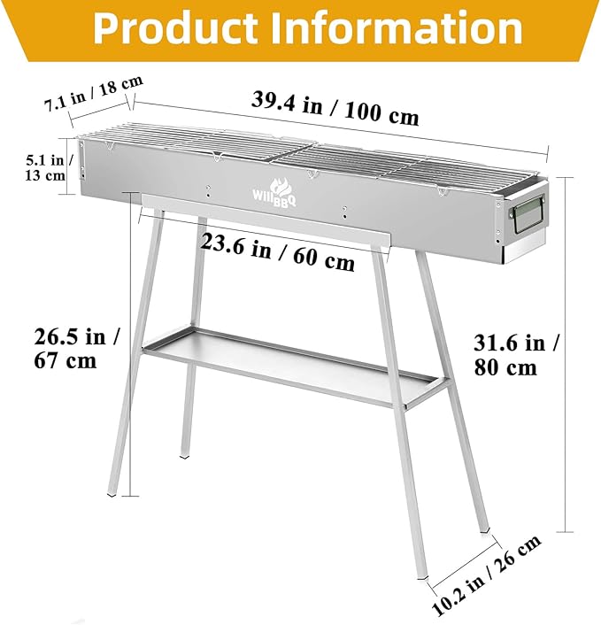 WILLBBQ Charcoal Grill Tailgate Parties, Patio, Beach Barbecues, Backyard Gatherings,Alloy Steel BBQ Barbecue Outdoor Grilling with Durable Support Frame and Dual Adjustable Vents (39.4x7.1x5.1 inch)